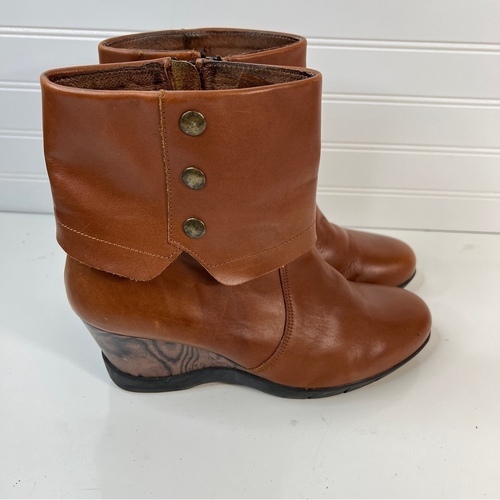 Sanita Maddox Women's 41 /10 Fold Over Wedge Leather Ankle Boots Booties Cognac.